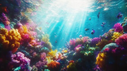 Fototapeta premium A lively underwater coral reef with vibrant marine life and sunlight piercing through the ocean, illuminating the colorful coral