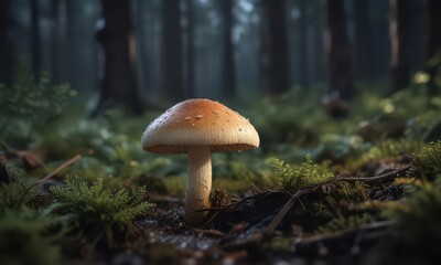 Fototapeta premium A close-up of a single mushroom cap, emitting a gentle radiance in the dark forest floor, exposure, tree roots