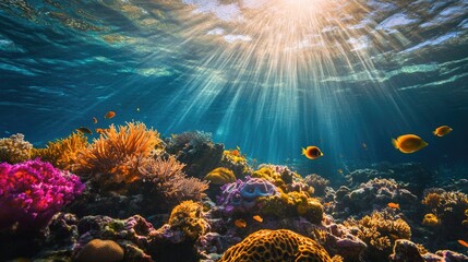 Naklejka premium A serene underwater coral reef scene with bright marine life, colorful coral, and sunlight rays creating a glowing, magical atmosphere