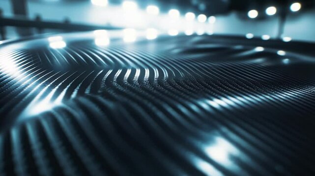 Close up of a carbon fiber texture under bright industrial lighting, showcasing its intricate pattern and glossy finish. The image captures the advanced material's sleek and modern appeal