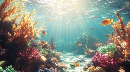 Obraz premium A serene underwater coral reef with vivid coral, tropical fish, and rays of golden sunlight illuminating the vibrant marine ecosystem
