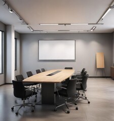 Large empty conference room with a single poster board on the wall,  workspace,  office decor