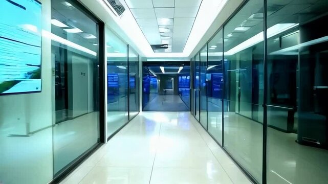A long hallway with a lot of glass windows. The hallway is empty and the lights are on