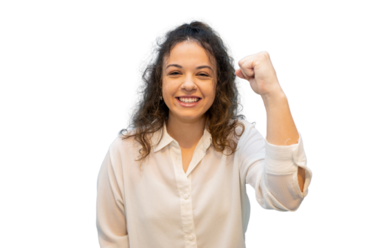Enthusiastic businesswoman celebrating with raised fist on transparent background - Powered by Adobe
