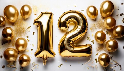 Gold balloon number 12 for twelfth birthday or anniversary party. White background with confetti