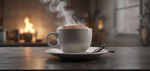A coffee cup with a gentle puff of smoke rising from the surface ,  steam,  drink,  float up