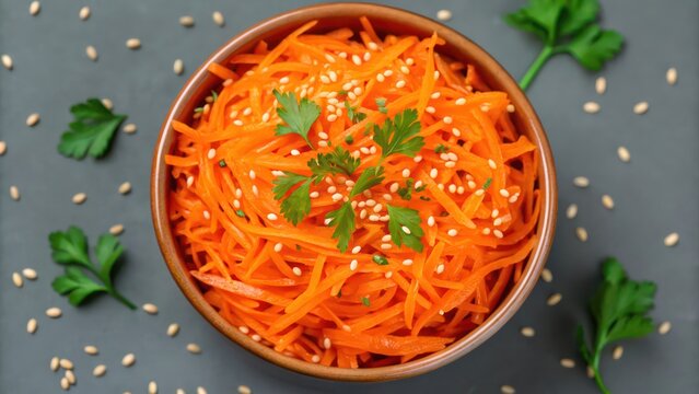 a bowl of vibrant carrot salad with sesame seeds and fresh parsley