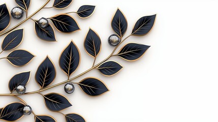 Elegant Black And Gold Leaves With Silver Ornaments On White