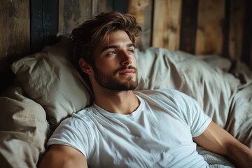 Fototapeta premium Relaxed man gazing thoughtfully in cozy room