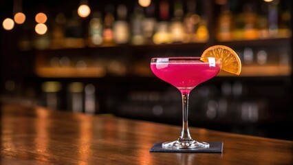 a pink cocktail garnished with an orange slice sitting elegantly on a bar