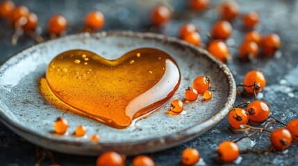 Sea buckthorn oil drips form a heart shape on a textured ceramic plate surrounded by vibrant orange berries, showcasing nature's beauty and nourishment