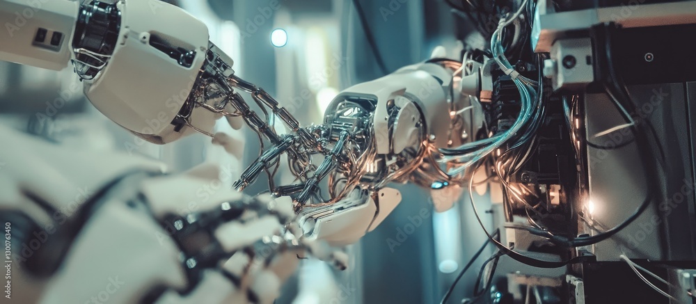 Poster an intricate, futuristic machine with multiple gears and complex robotic arms inside