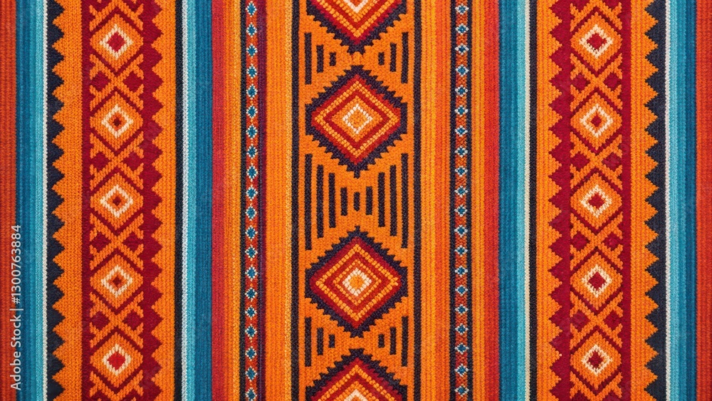 Poster a close-up of a colorful textile with intricate patterns. the design features geometric shapes and v