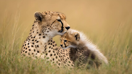 A cheetah mother with her cubs, gently grooming them in the tall grass