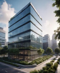Modern office building with sleek glass facade, rooftop gardens and a busy street below,  urban landscape, , office building modernity