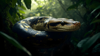 Fototapeta premium A massive anaconda coiled in the dense jungle, its scales reflecting the light