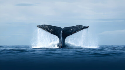 Fototapeta premium A humpback whale diving into the ocean, its massive tail splashing above the water surface