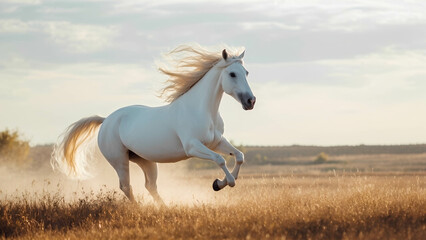 A white stallion galloping through an open field, its mane flowing in the wind
