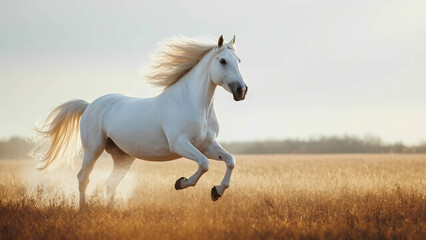 Fototapeta premium A white stallion galloping through an open field, its mane flowing in the wind