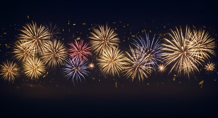 Stunning New Year celebration background featuring bright fireworks in the night sky, golden and silver confetti