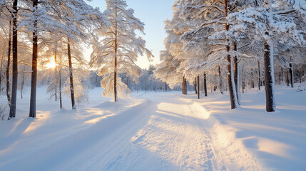 Obraz premium Snowy forest road with golden sunrise light.