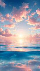 Obraz premium Morning clear seascape with colorful sky. Natural soft background. Beautiful magical pink and gold reflected in the water, comic art. with white shades