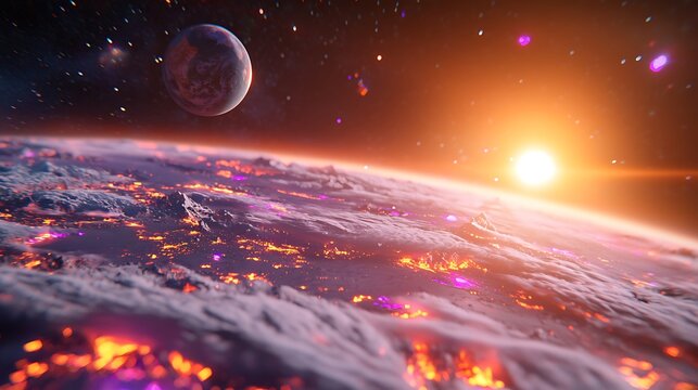 Pixelated Futuristic Earth Hologram with City Lights and Outer Space Background in Digital Style