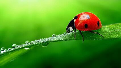 Obraz premium A ladybug perched on a dew-covered blade of grass, its bright red shell standing out