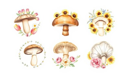 Watercolor Mushrooms Flowers Botanical Illustration Set