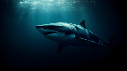 Obraz premium A giant megalodon shark swimming through dark ocean depths, barely visible in the shadows