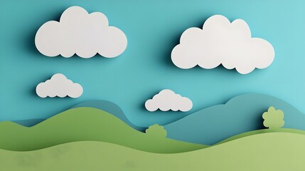 Peaceful Papercut Landscape with Rolling Hills and Cloudy Sky in 3D