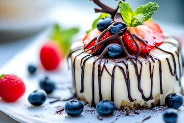 Gourmet Dessert Close-up of Elegant Cheesecake with Berries and Chocolate Drizzle