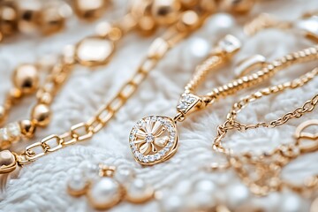 Luxury Gold Jewelry Collection Close-Up of Elegant Necklaces, Bracelets, and Pendants
