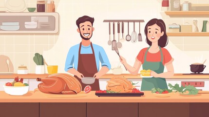 Happy man and his wife preparing roast turkey for Thanksgiving meal while cooking together in the kitchen.