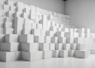 Randomly arranged white cube boxes on a plain background with plenty of empty space ,  empty space,  storage units,  office supplies
