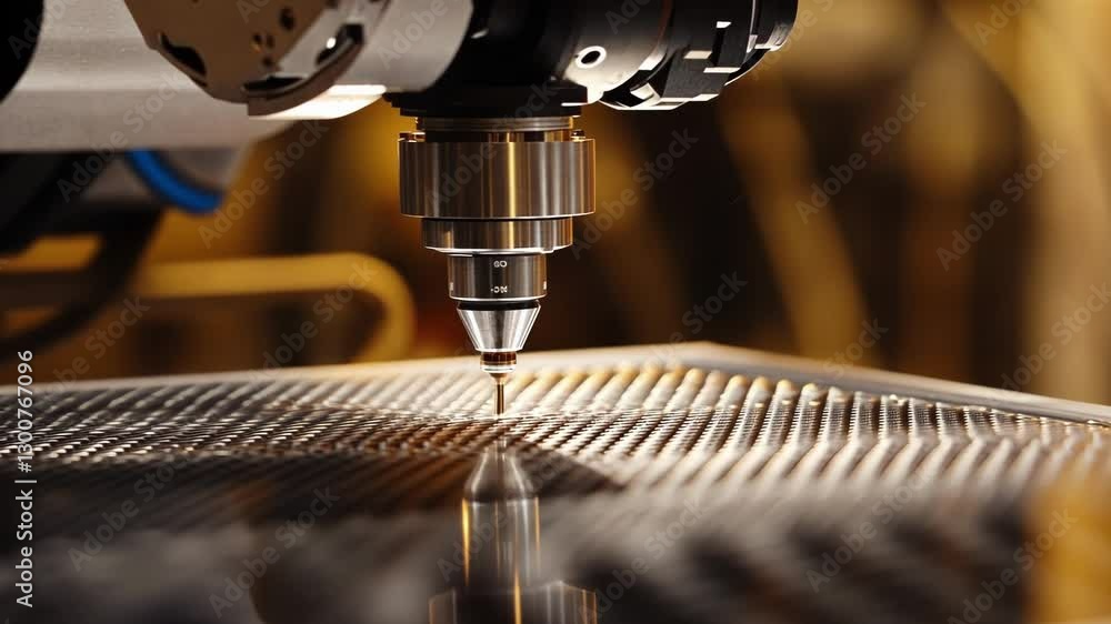 Poster close up view of a high tech laser machine precisely working on a metallic surface, showcasing cutti