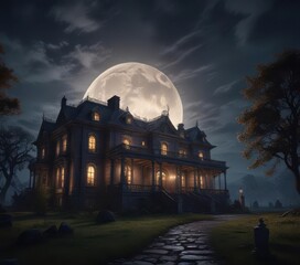 Obraz premium A full moon casts an ominous glow over a haunted mansion, , shadows on walls, gothic architecture