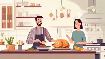 Happy man and his wife preparing roast turkey for Thanksgiving meal while cooking together in the kitchen.