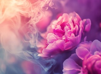 Fototapeta premium Dreamy pink peonies enveloped in colorful smoke.