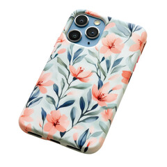 Floral phone case with pink flowers and green leaves isolated on transparent background, PNG
