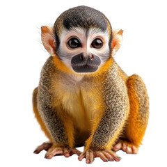 Cute squirrel monkey sitting on a white surface looking curiously isolated on transparent background, PNG