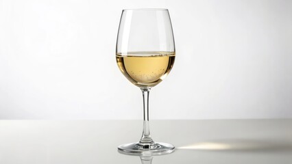 Fototapeta premium a glass of crisp white wine, perfectly poured and ready to enjoy. The glass stands elegantly, with the light reflecting off the wine