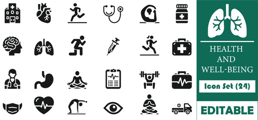 This Health and Well-being icon set features 24 scalable vector icons, perfect for web, UI,UX, and print design. Clean, modern, and fully editable for versatile use.