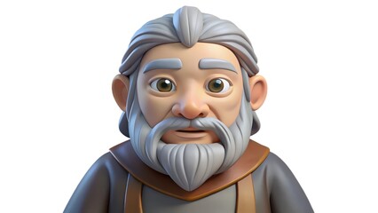 a cartoon 3d render illustration of an old man with gray hair and beard looking directly at viewer, with calm expression on his face