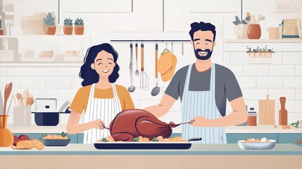 Happy man and his wife preparing roast turkey for Thanksgiving meal while cooking together in the kitchen.