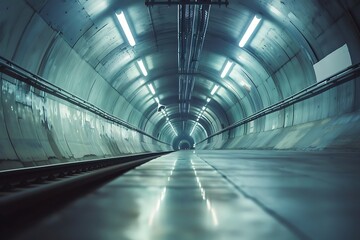 Underground tunnel perspective with empty tracks and glowing lights