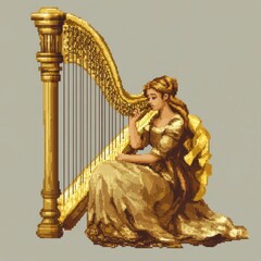 Fototapeta premium Golden Harp Woman Gracefully Plays Melodious Tune