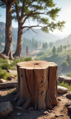 Fototapeta premium Wooden tree trunk against a blurred landscape, forest, trees
