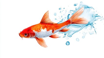 Fototapeta premium A vibrant goldfish swimming through clear water, showcasing its colorful scales and graceful fins in a lively aquatic scene.