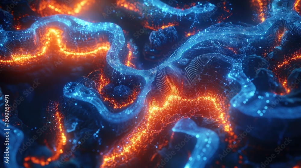 Poster a top-down view of an ai landscape, composed entirely from glowing data streams and intricate circui